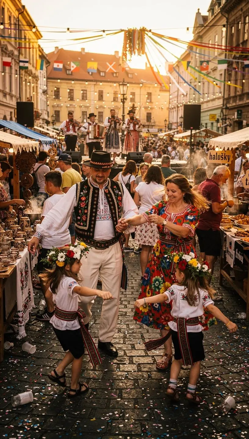 A cozy street in Bratislava featuring colorful historic buildings and local cafes.